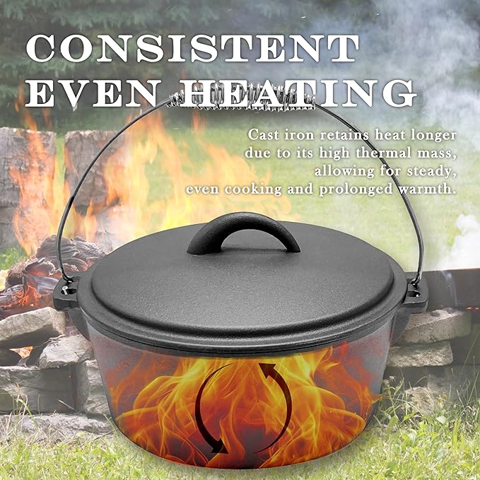 Cuisiland 4.5QT Cast Iron Dutch Oven with Dome Lid & Bail Handle – Pre-Seasoned Campfire Pot for