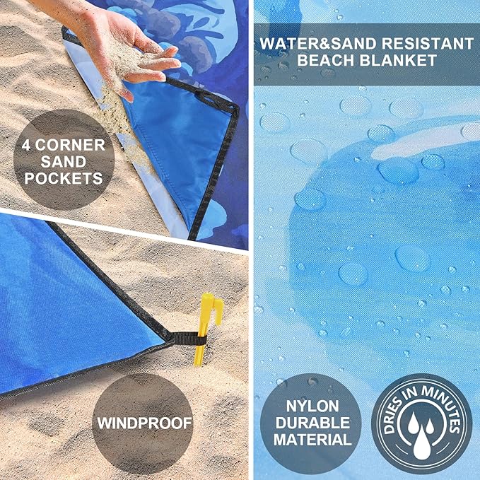 Beach Blanket Waterproof Sandproof Beach Mat 79" X 83"/10'x9'for 2-8 Adults Quick Drying Outdoor