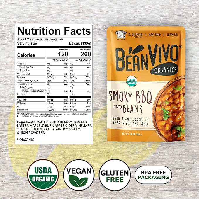 BeanVIVO (Pack of 6) Organics 15g Plant based Protein BBQ Pinto Beans - Good Source of Fiber