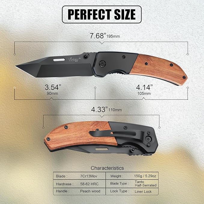 Vickay Pocket Knife, Folding Knife with Clip - 3.54??Steel Blade, Wood Handle EDC Knife for Men &