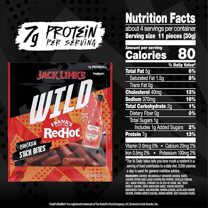 Jack Link's Wild Chicken Stick Bites Made with Frank's RedHot Flavor, Mini Meat Sticks, Shareable