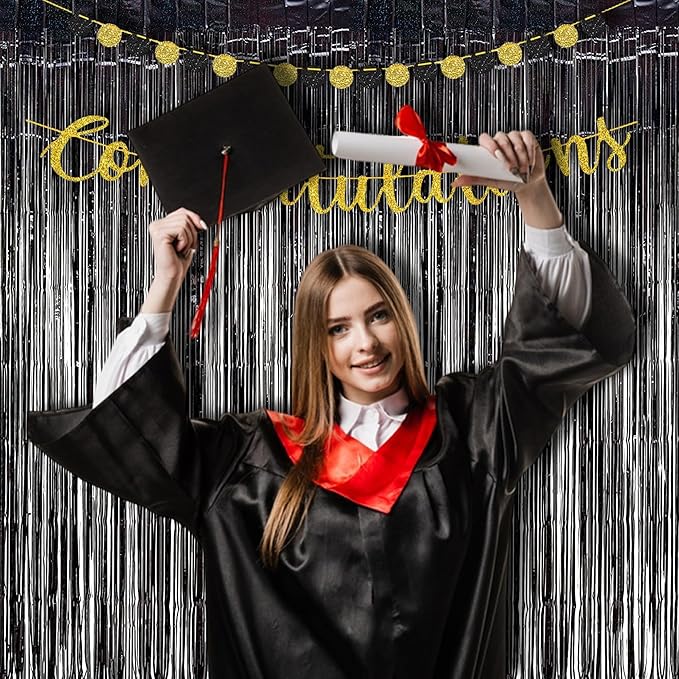 BRAVESHINE Black Halloweens Party Foil Fringe Curtains - 2 Pack Metallic Tinsel Photo Booth
