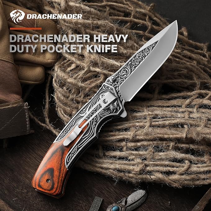 Pocket Knife for Men, 8.7" Folding Knife, 440 Stainless Steel Blade, 0.19lb, Wood Handle with 3D