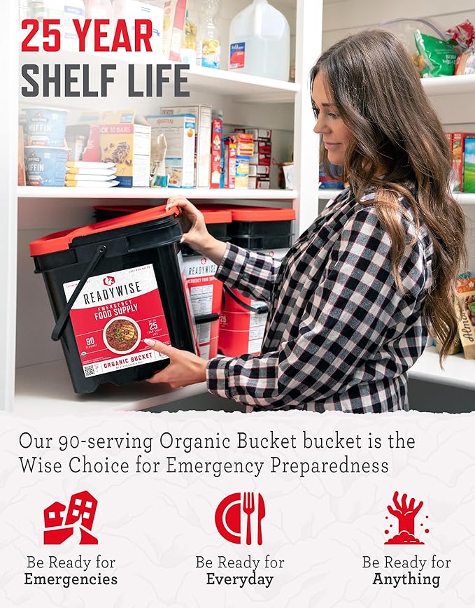 ReadyWise Emergency Food Supply - 90 Servings Organic Bucket, Protein Meals, Dehydrated & Freeze