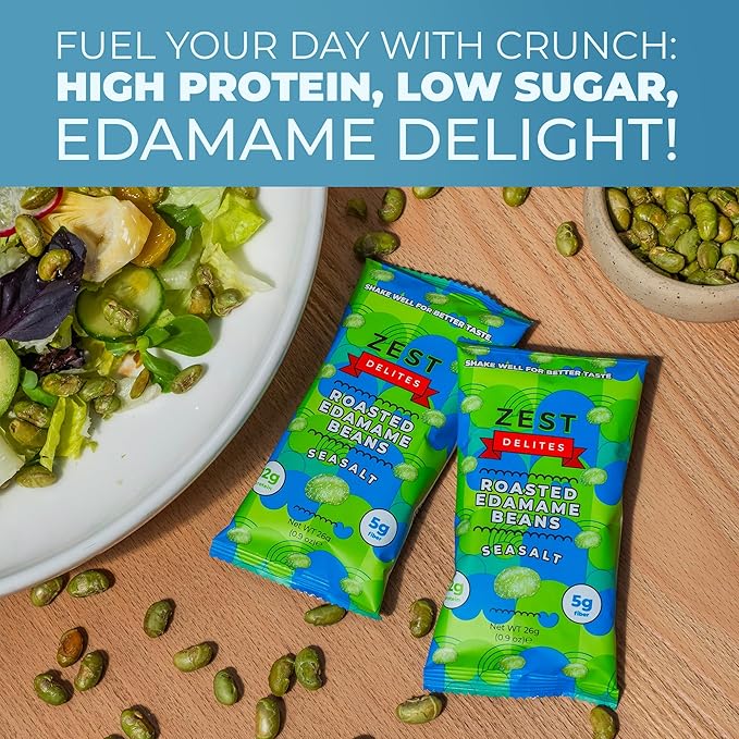Crunchy Dry Roasted Edamame Beans Snack by Zest Delites, Sea Salt, Vegan, Low Calorie (110cal) High