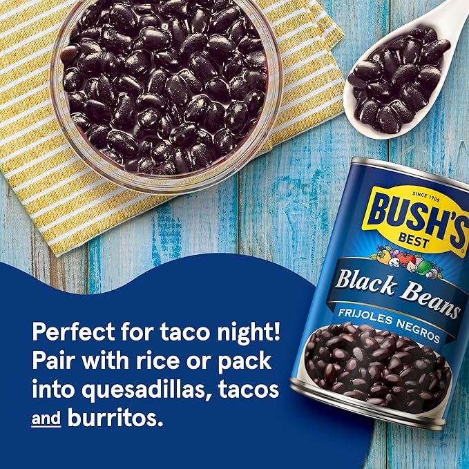 BUSH'S BEST 15 oz Canned Black Beans, Source of Plant Based Protein and Fiber, Low Fat, Gluten