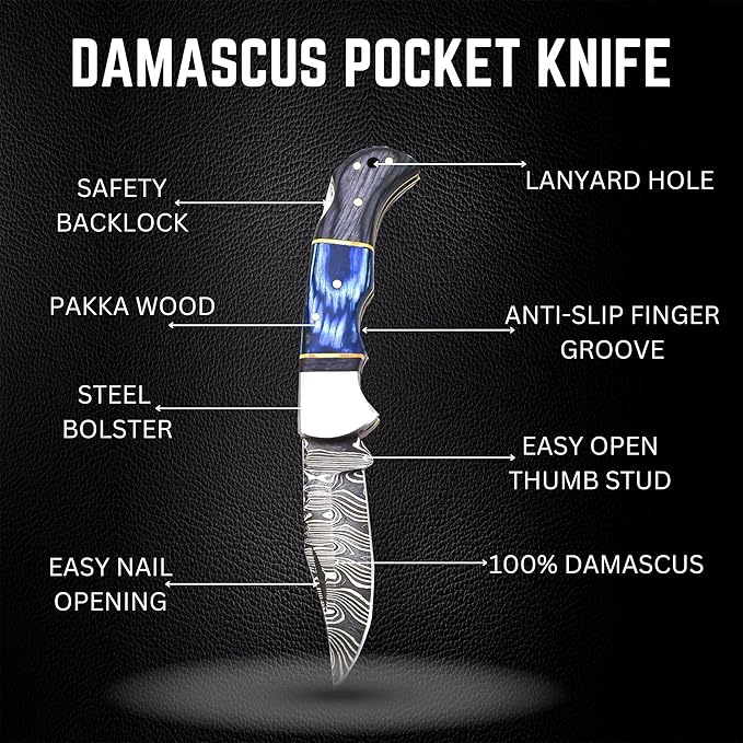 Handmade Damascus Pocket Knife for Men - 6.5 Inches Damascus Folding Pocket Knife with Clip Belt