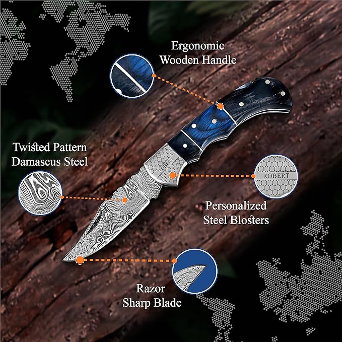 6.5' Personalized Engraved Damascus pocket knife for men Small folding knife for outdoor, camping