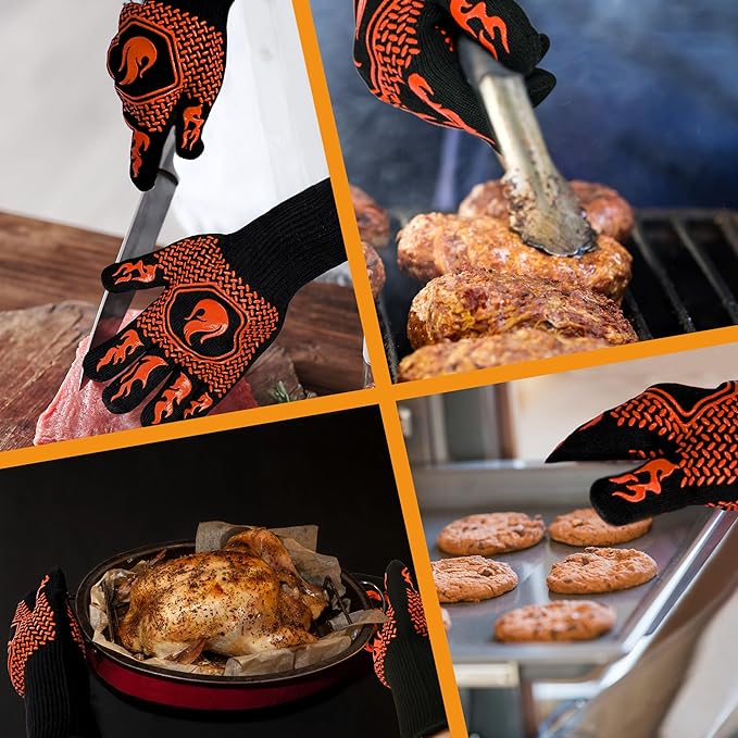 BBQ Fireproof Gloves, Grill Cut-Resistant Gloves 1472°F Heat Resistant Gloves, Non-Slip Silicone