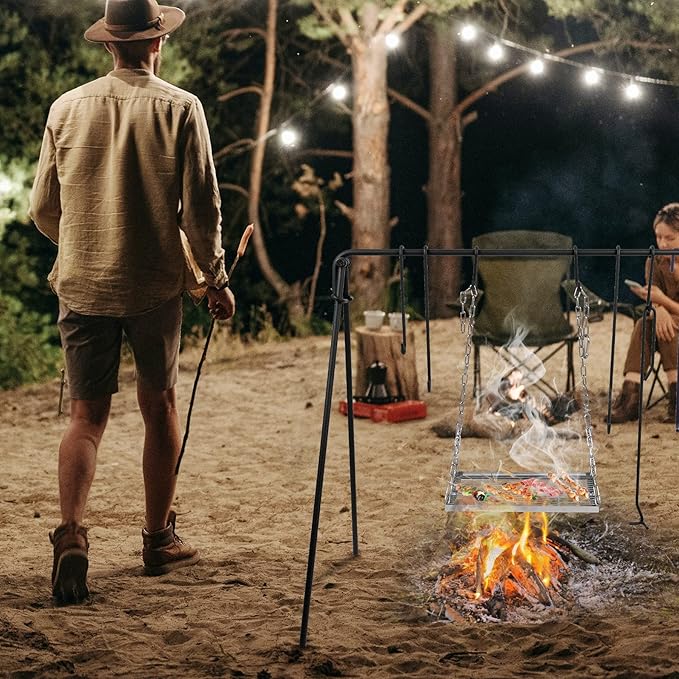 REDCAMP Swing Campfire Grill Stand - Collapsible Campfire Cooking Rack with 6 Hooks & Stainless
