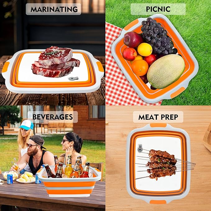 Collapsible BBQ Prep Tubs with Lids, Grill Cutting Board, Camping Sink with Drainage Hole for Meal