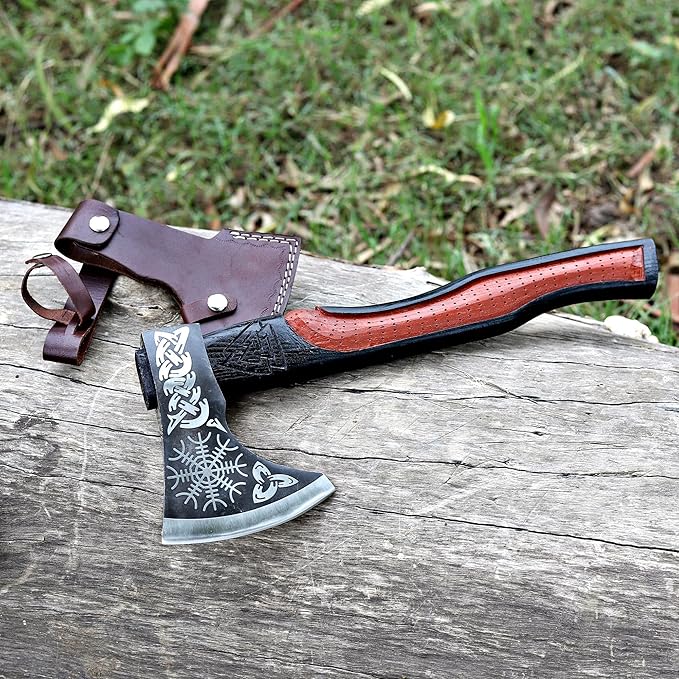 Viking Axe | 18" Carbon Steel Throwing Hatchet with Ash Wood Handle & Leather Sheath | Etched Norse