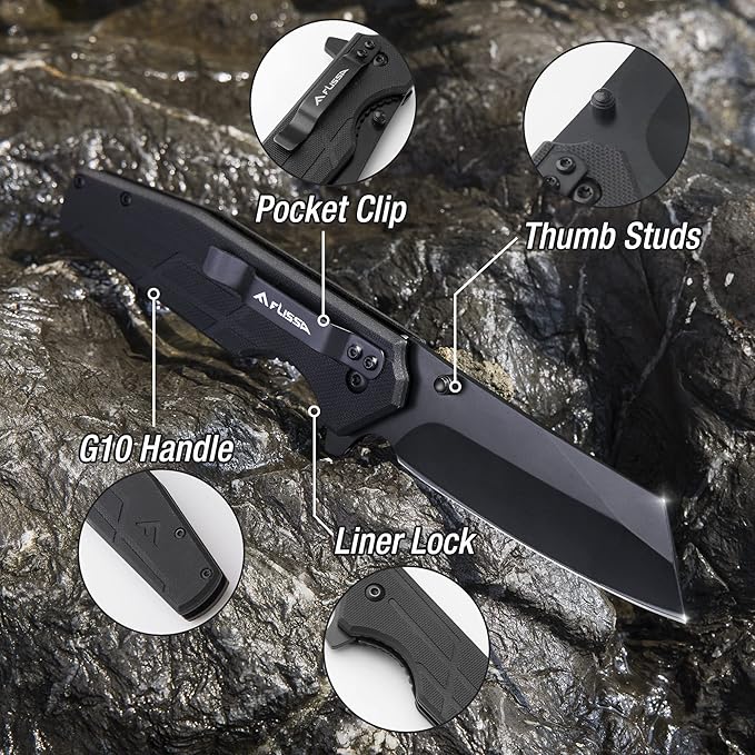 FLISSA Pocket Knife, 3.5" Folding Stonewash Blade Tactical Knife, G10 Handle, for Outdoor