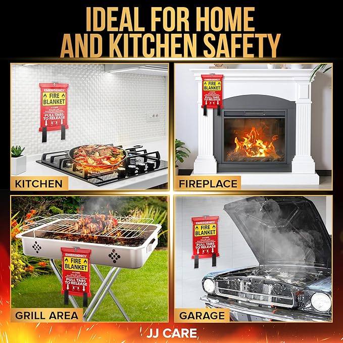 JJ CARE Fire Blanket ??3 Packs with Hooks and Gloves ??Emergency Fire Blanket for Home & Kitchen