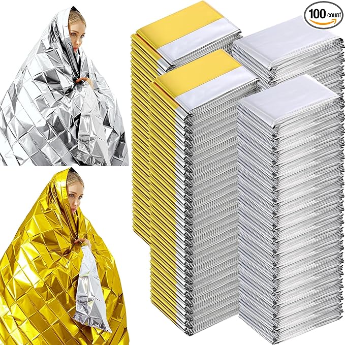 Kanayu 100 Pack Emergency Foil Thermal Blankets for Survival 82 x 63 Foil Space Blanket Kit for