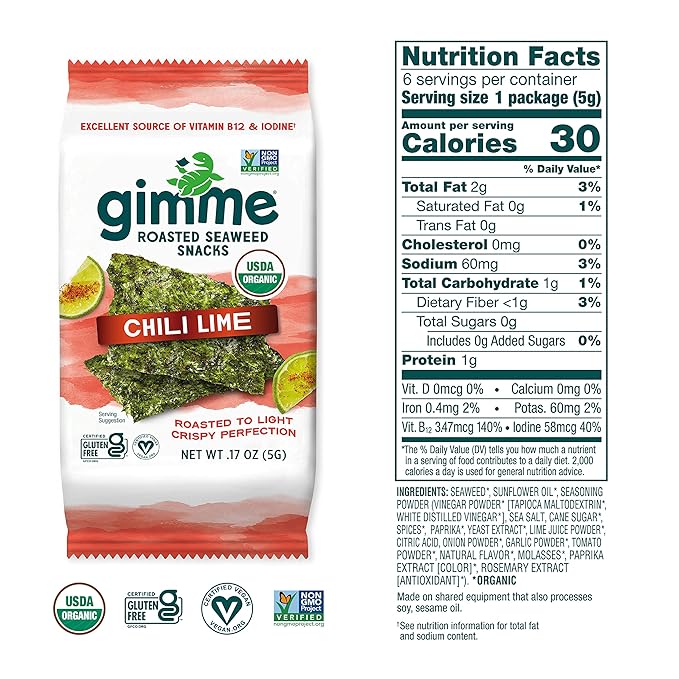 Gimme Seaweed Organic Premium Roasted Seaweed Snacks, Chili Lime, 6 Count, Keto, Vegan