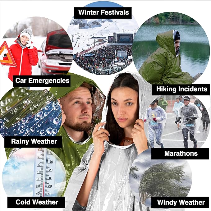 aZengear Emergency Survival Poncho (4pc) Thermal Mylar Foil Blanket for Heat Retention and Rain |