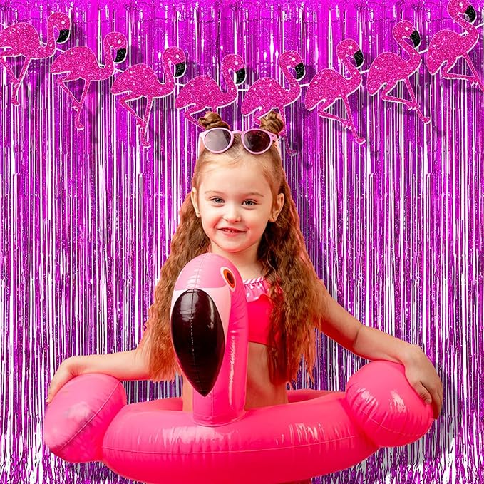 BRAVESHINE Hot Pink Tinsel Foil Fringe Curtains - 2Pcs 3.2x8.2ft Metallic Party Streamers Backdrop