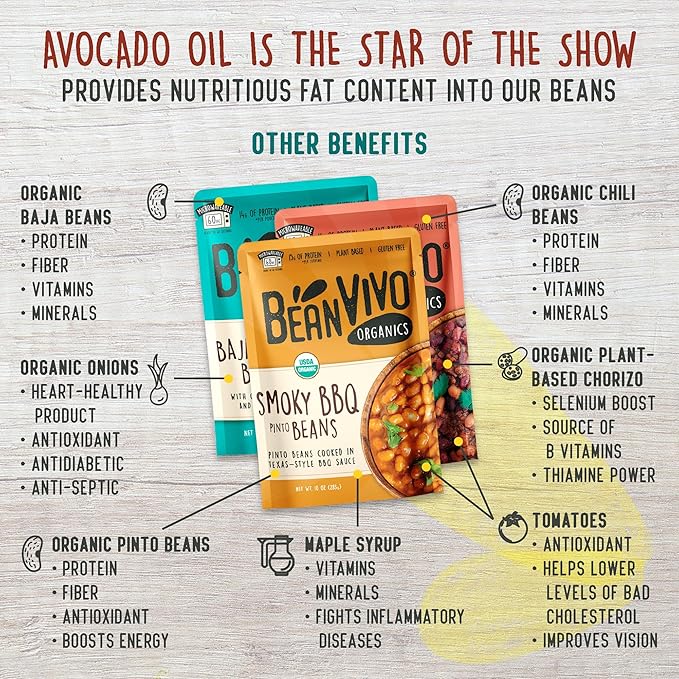 BeanVIVO - Variety 3 Pack (10 oz each) - Organic Baja Black Beans, Three Bean Vegan Chili, BBQ