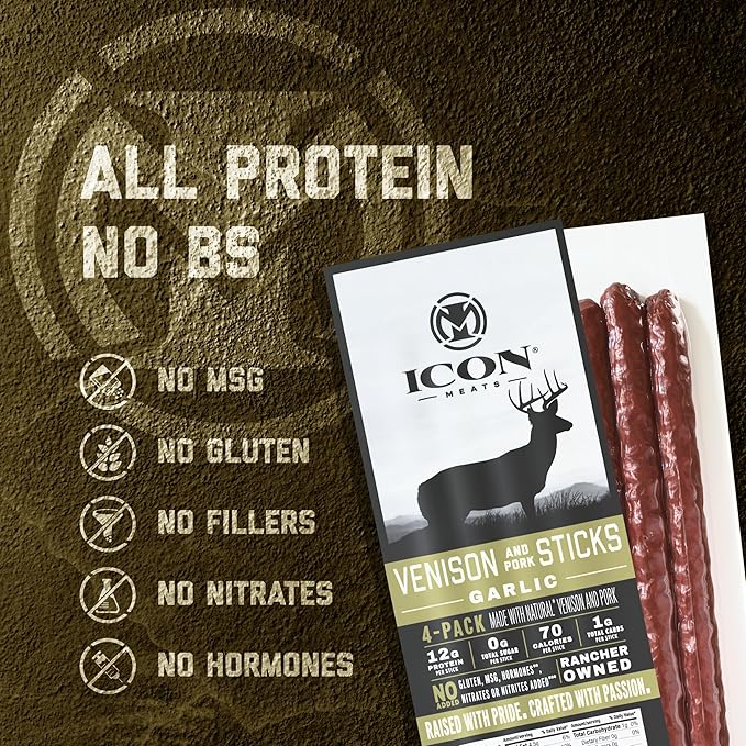 ICON Meats Venison and Pork Snack Sticks - Garlic Flavor - 6 Packs Per Box, 4 Sticks Per Pack, All