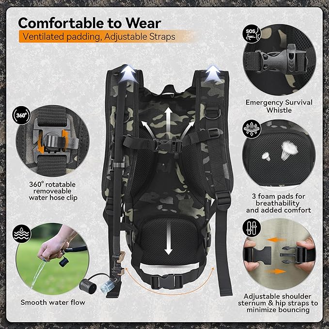 MARCHWAY Tactical Molle Hydration Pack with 2.5L TPU Water Bladder, Low-Profile Organized Military