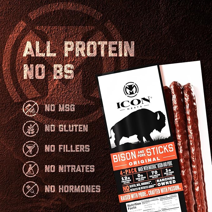 ICON Meats Bison and Pork Snack Sticks - Original Flavor – 6 Packs Per Box, 4 Sticks Per Pack, All