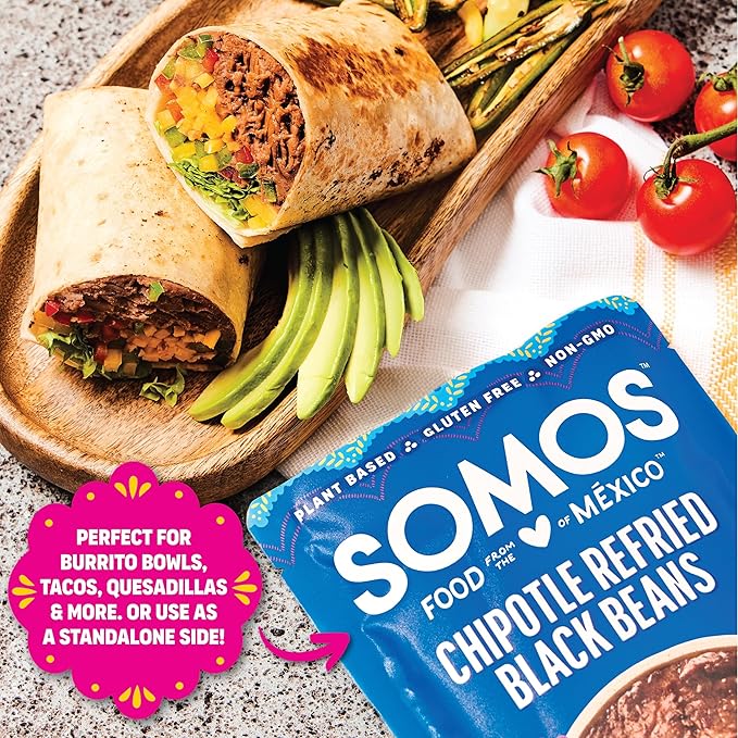 SOMOS Chipotle Refried Black Beans - Gluten Free, Non-GMO, Vegan & Microwavable Meals Ready to Eat