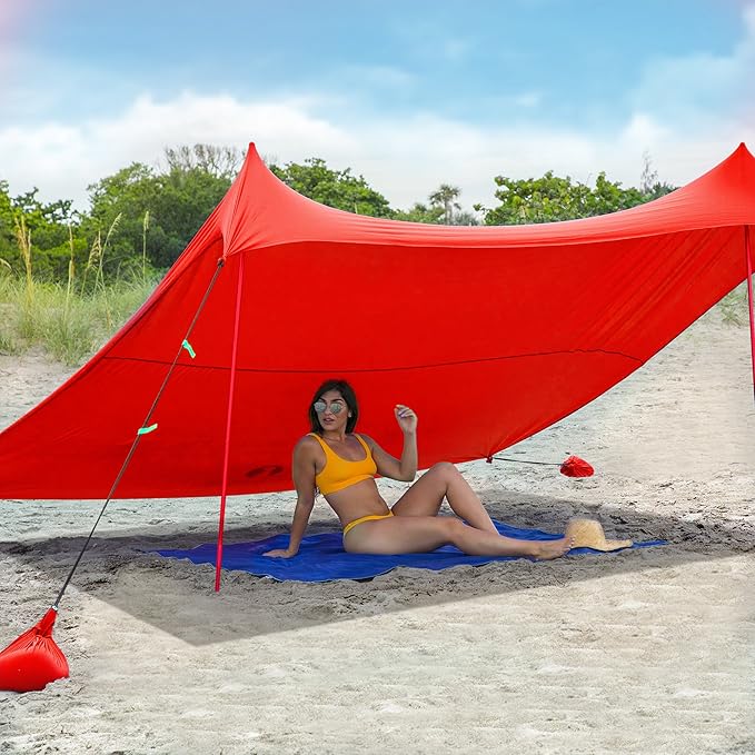 Red Suricata Family Beach Tent & Beach Canopy, UPF50 Sun Beach Shade, Sunshade with 4 Aluminum