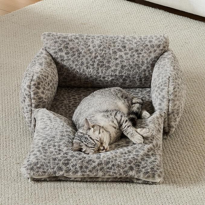 Hollypet Cat Bed Fluffy Plush Mutifuctional Double-Layer Soft Pet Couch Orthopedic Sofa Nest Beds