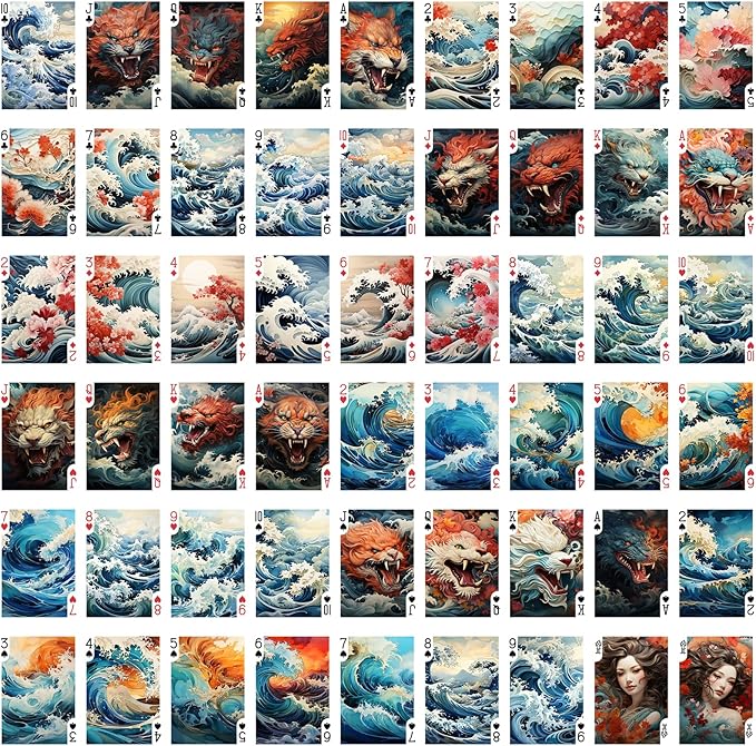 Roaring Waves and Majestic Beasts Playing Cards (Poker Deck 54 Cards All Different) Great Wave