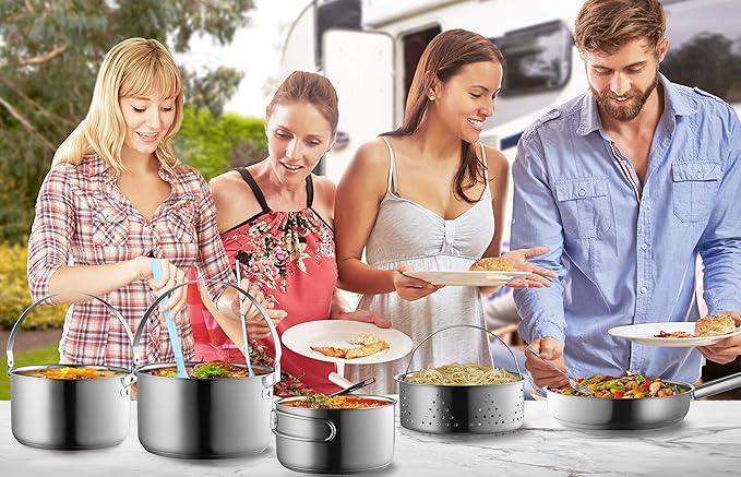 Camping Cookware Set 304 Stainless Steel 8-Piece Pots & Pans Open Fire Cooking Kit | Frying Pan