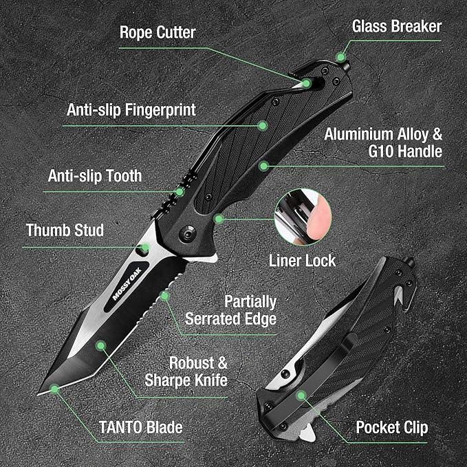 MOSSY OAK Folding Pocket Knife with Aluminium Alloy & G10 Handle, 4.75" Tactical Knife with