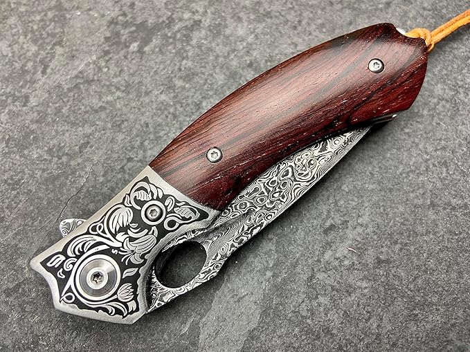 TACTICAL GEARZ Damascus Pocket Folding Knife, Natural Rosewood Handle, Damascus Steel Blade