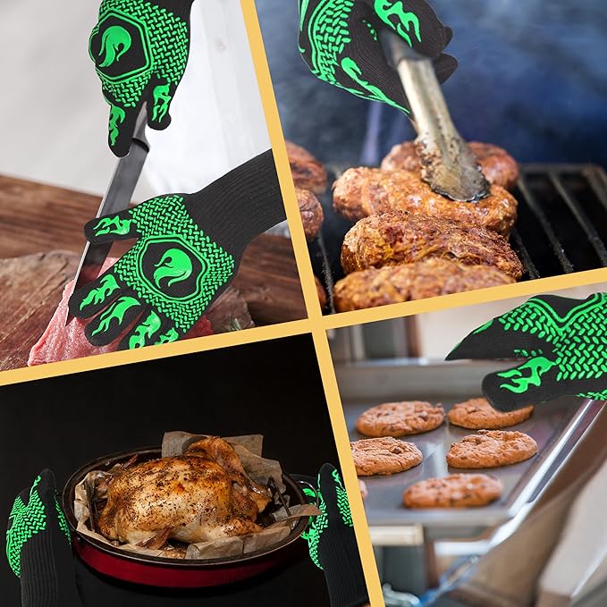 BBQ Fireproof Gloves, Grill Cut-Resistant Gloves 1472°F Heat Resistant Gloves, Non-Slip Silicone