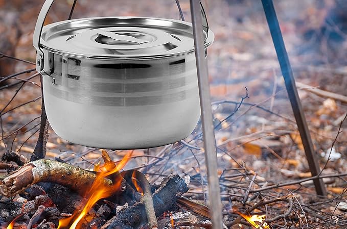 Camping Cookware Set - Compact Stainless Steel Campfire Cooking Pots and Pans | Combo Kit with