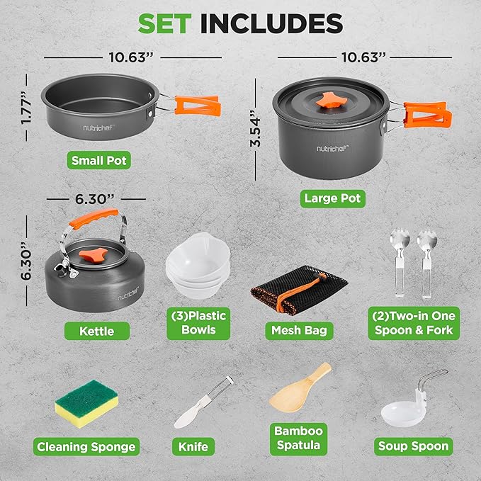 NutriChef Camping Cookware Set - Lightweight Nonstick Pots, Pans, Utensils, Bowls, Cutlery, and