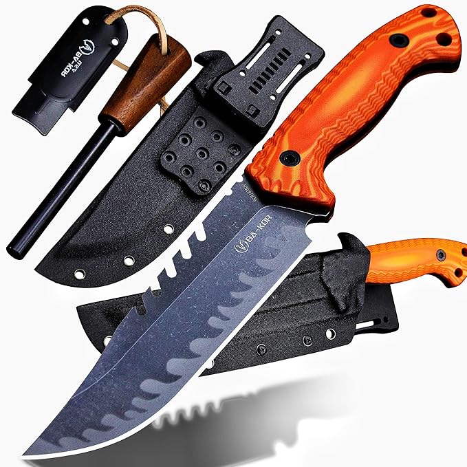 BA-KOR 12.4in Full Tang Fixed Blade Hunting Knife ??6mm 9CR18MoV Steel, G10 Handle, Stonewashed