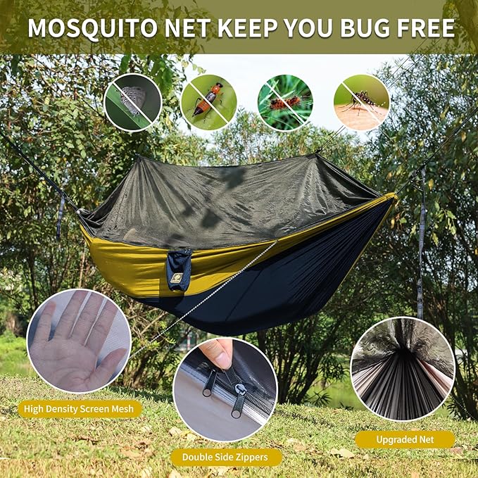 Camping Hammock with Net,Travel Portable Lightweight Hammocks with Tree Straps and Solid D-Shape