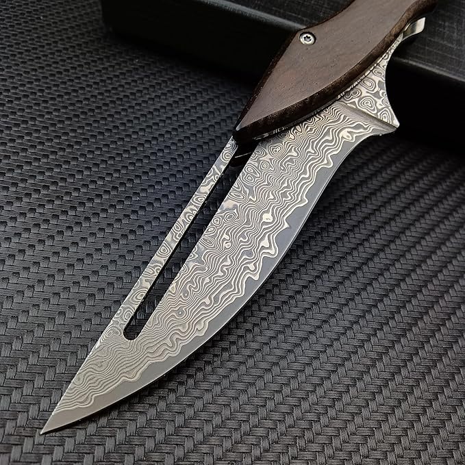 HUAAO Damascus Folding Knife, Yellow Sandalwood Handle with Mechanical Lock, Tactical Pocket Knife
