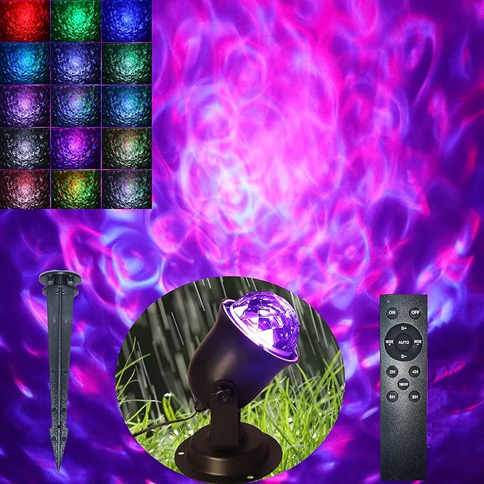 Hekation Christmas Halloween Outdoor Projector Lights, 15 Colors Water Wave Ocean Effect Night