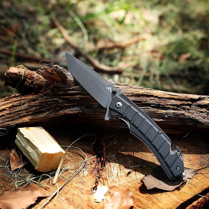 FLISSA Folding Pocket Knife, Tactical Knife with Liner Lock, Tanto Blade, Pocket Clip, Glass