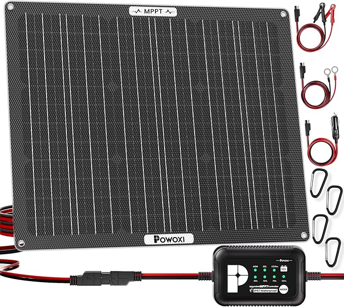POWOXI 50W Solar Battery Charger: 12V Solar Car Battery Trickle Maintainer - with MPPT Controller