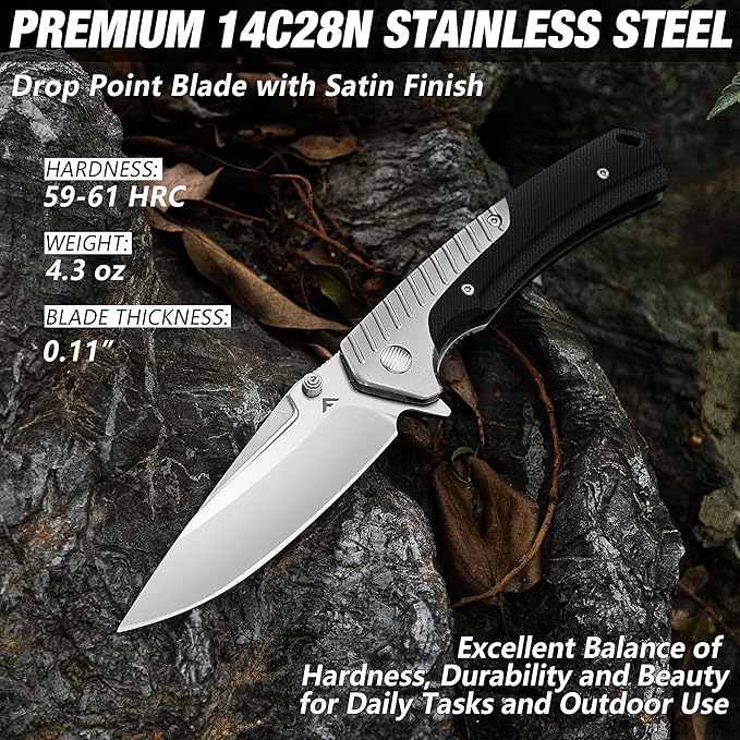 FLISSA Pocket Knife with 3.35" 14C28N Steel Blade, Liner Lock Folding Knife with Micarta Handle for