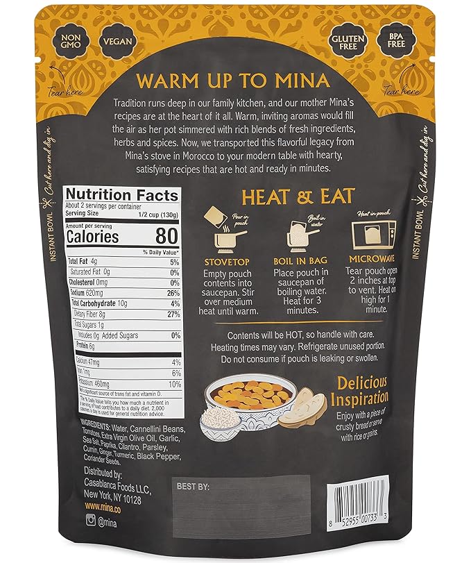 Mina Moroccan White Beans, Cannellini Beans, 10 oz (Pack of 6) Ready to Eat, Plant Protein, Vegan