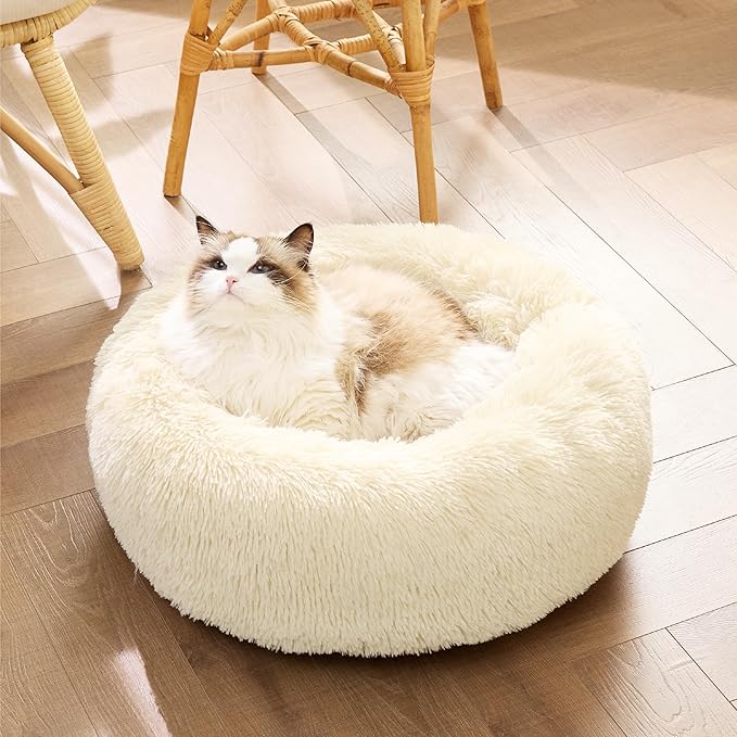 Bedsure Calming Cat Beds for Indoor Cats - Small Cat Bed Washable 20 inches, Anti-Slip Round Fluffy