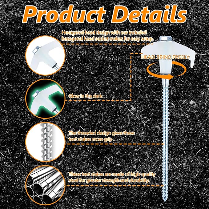 8" Screw in Tent Stakes Heavy Duty, Ground Anchors Screw in, Metal Threaded Tent Spikes, Camping