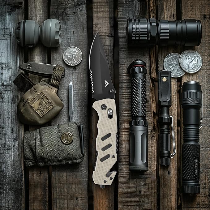 FLISSA Folding Pocket Knife with Clip, Glass Breaker and Seatbelt Cutter, Survival Knife for
