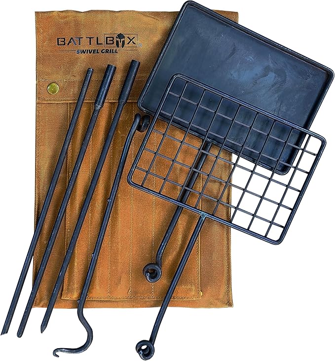 BATTLBOX Bushcraft Grill Set, Steel Campfire Cooking Grate Swivel Grill For Outdoor BBQ Open Fire