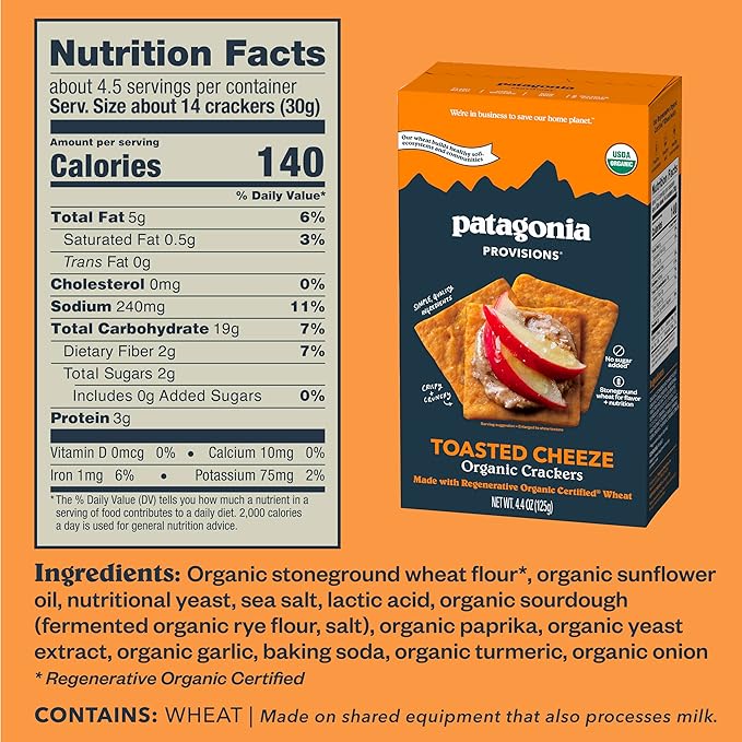 Patagonia Provisions Organic Toasted Cheeze Crackers (6 Pack) – 3g Plant Protein Per Serving – Made