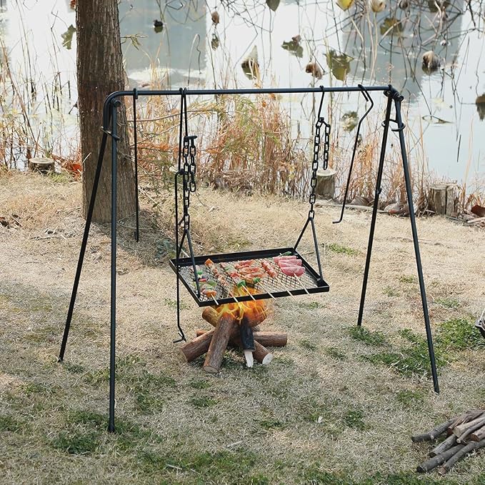 Lineslife Grill Swing Campfire Cooking Stand with Height Adjustable Iron Grill Grate, Collapsible